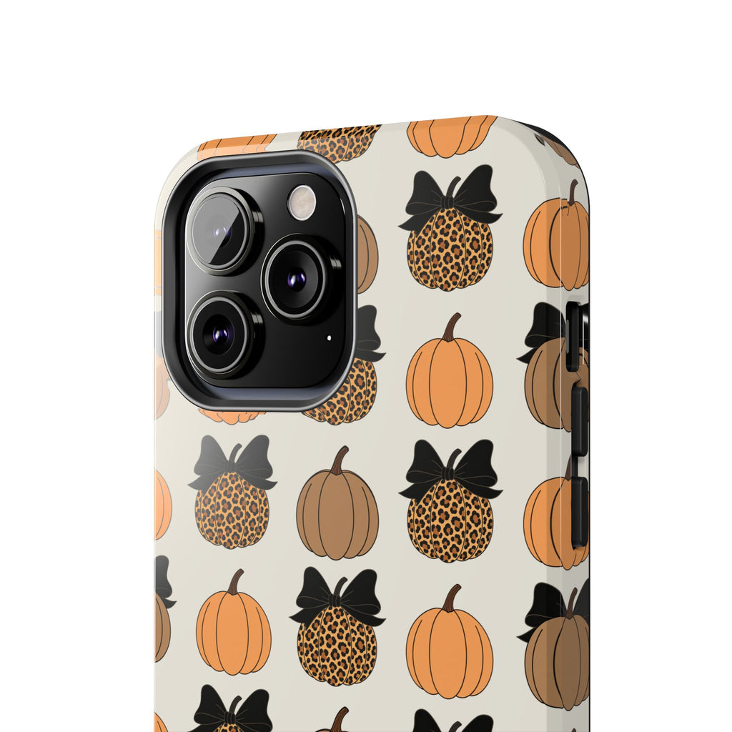 Leopard & Pumpkin Pattern Tough Phone Case — Fall Halloween Protective Cover