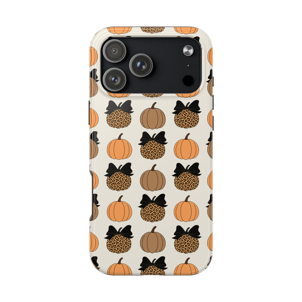Leopard & Pumpkin Pattern Tough Phone Case — Fall Halloween Protective Cover