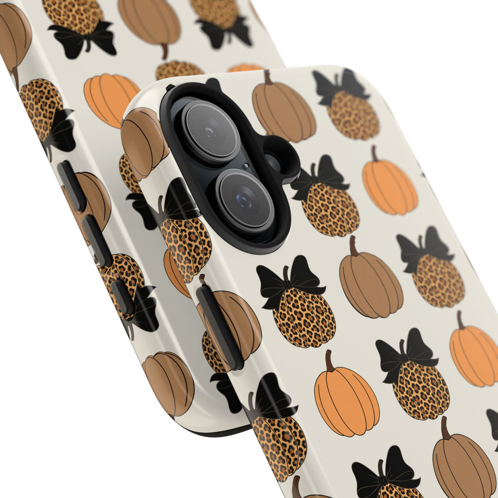 Leopard & Pumpkin Pattern Tough Phone Case — Fall Halloween Protective Cover