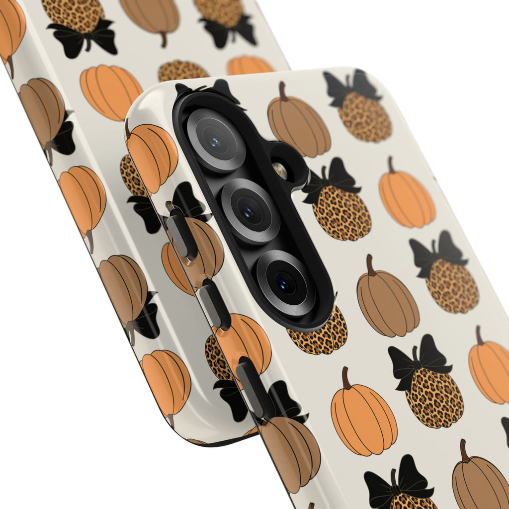 Leopard & Pumpkin Pattern Tough Phone Case — Fall Halloween Protective Cover