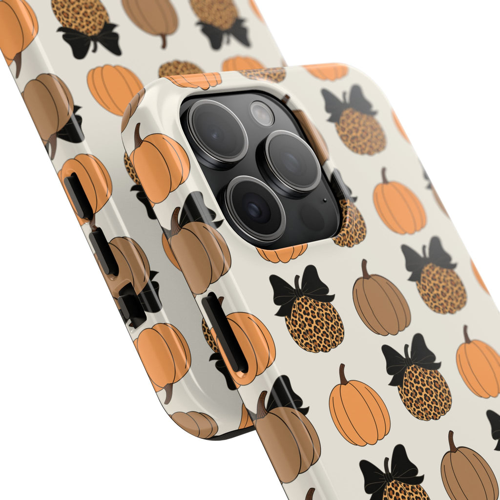 Leopard & Pumpkin Pattern Tough Phone Case — Fall Halloween Protective Cover