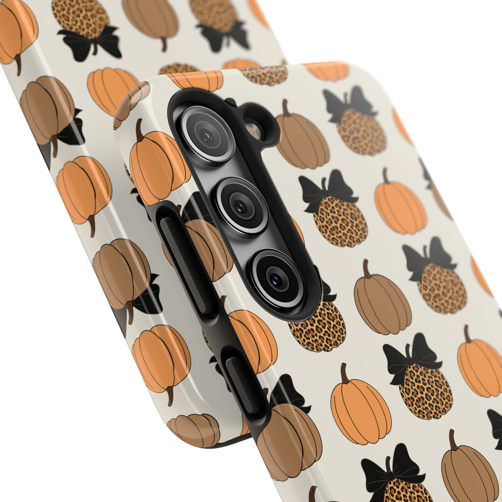 Leopard & Pumpkin Pattern Tough Phone Case — Fall Halloween Protective Cover
